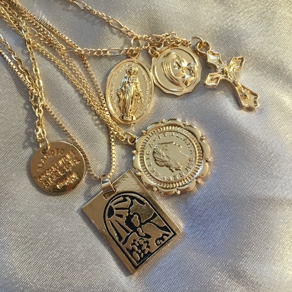 Set of Layered Gold Pendant Religious Necklaces - Picture 7 of 8